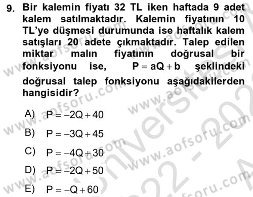 Matematiksel İktisat Dersi 2022 - 2023 Yılı (Vize) Ara Sınav Soruları 9. Soru