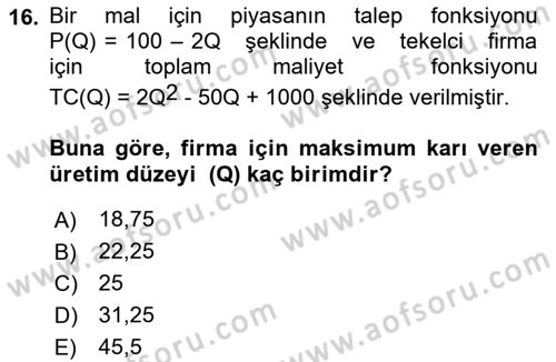 Matematiksel İktisat Dersi 2022 - 2023 Yılı (Final) Dönem Sonu Sınav Soruları 16. Soru