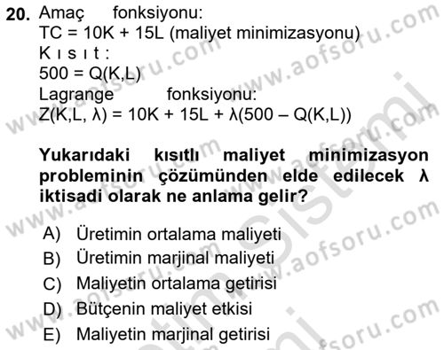 Matematiksel İktisat Dersi 2022 - 2023 Yılı (Final) Dönem Sonu Sınav Soruları 20. Soru