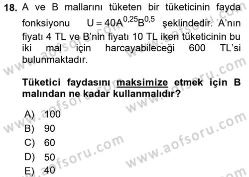 Matematiksel İktisat Dersi 2022 - 2023 Yılı Yaz Okulu Sınav Soruları 18. Soru