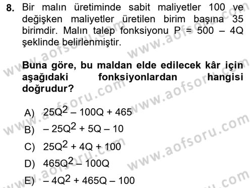Matematiksel İktisat Dersi Ara Sınavı Deneme Sınav Soruları 8. Soru