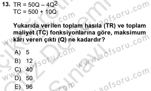 Matematiksel İktisat Dersi 2023 - 2024 Yılı (Final) Dönem Sonu Sınav Soruları 13. Soru