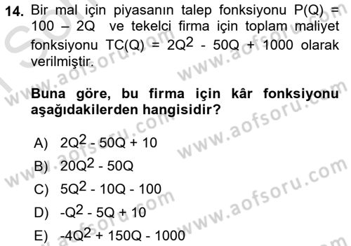 Matematiksel İktisat Dersi 2023 - 2024 Yılı (Final) Dönem Sonu Sınav Soruları 14. Soru