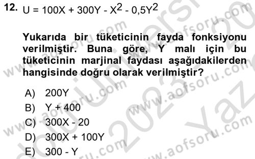 Matematiksel İktisat Dersi 2023 - 2024 Yılı Yaz Okulu Sınav Soruları 12. Soru