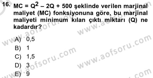 Matematiksel İktisat Dersi 2023 - 2024 Yılı Yaz Okulu Sınav Soruları 16. Soru