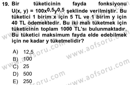 Matematiksel İktisat Dersi 2023 - 2024 Yılı Yaz Okulu Sınav Soruları 19. Soru