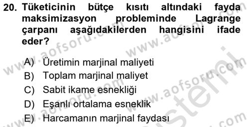 Matematiksel İktisat Dersi 2023 - 2024 Yılı Yaz Okulu Sınav Soruları 20. Soru