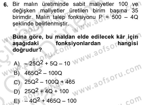 Matematiksel İktisat Dersi 2024 - 2025 Yılı (Vize) Ara Sınav Soruları 6. Soru