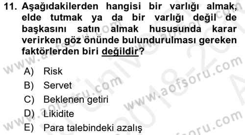 Para Teorisi Dersi Ara Sınavı Deneme Sınav Soruları 11. Soru