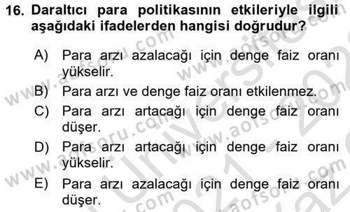 Para Teorisi Dersi 2021 - 2022 Yılı Yaz Okulu Sınav Soruları 16. Soru