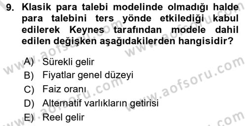 Para Teorisi Dersi Dönem Sonu Sınavı Deneme Sınav Soruları 9. Soru