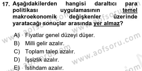 Para Politikası Dersi 2015 - 2016 Yılı (Vize) Ara Sınav Soruları 17. Soru