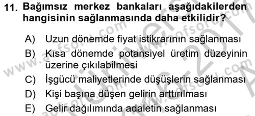 Para Politikası Dersi 2016 - 2017 Yılı (Vize) Ara Sınav Soruları 11. Soru