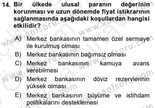 Para Politikası Dersi 2018 - 2019 Yılı (Vize) Ara Sınav Soruları 14. Soru