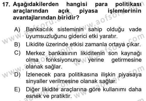 Para Politikası Dersi 2018 - 2019 Yılı (Vize) Ara Sınav Soruları 17. Soru