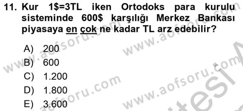 Para Politikası Dersi 2018 - 2019 Yılı Yaz Okulu Sınav Soruları 11. Soru