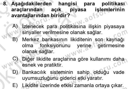 Para Politikası Dersi 2020 - 2021 Yılı Yaz Okulu Sınav Soruları 8. Soru