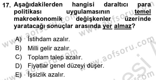 Para Politikası Dersi 2021 - 2022 Yılı (Vize) Ara Sınav Soruları 17. Soru