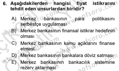 Para Politikası Dersi 2022 - 2023 Yılı Yaz Okulu Sınav Soruları 6. Soru
