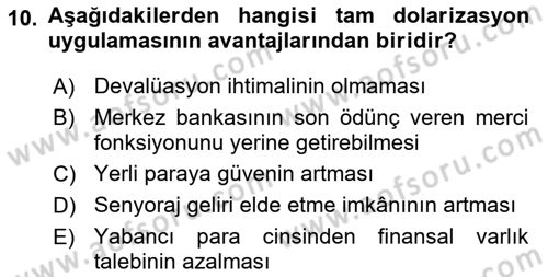 Para Politikası Dersi 2023 - 2024 Yılı Yaz Okulu Sınav Soruları 10. Soru