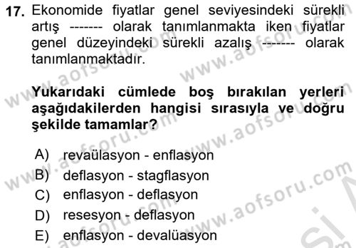 Para Politikası Dersi 2024 - 2025 Yılı (Vize) Ara Sınav Soruları 17. Soru