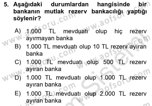 Para Politikası Dersi 2024 - 2025 Yılı (Vize) Ara Sınav Soruları 5. Soru