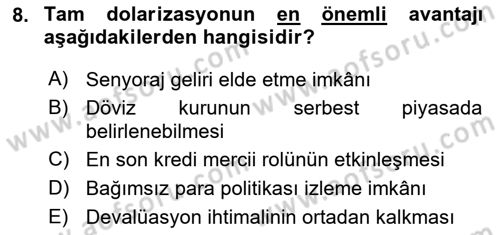 Para Politikası Dersi 2024 - 2025 Yılı (Final) Dönem Sonu Sınav Soruları 8. Soru