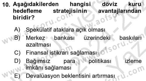 Para Politikası Dersi 2024 - 2025 Yılı Yaz Okulu Sınav Soruları 10. Soru