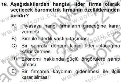 Sanayi Ekonomisi Dersi 2015 - 2016 Yılı (Final) Dönem Sonu Sınav Soruları 16. Soru