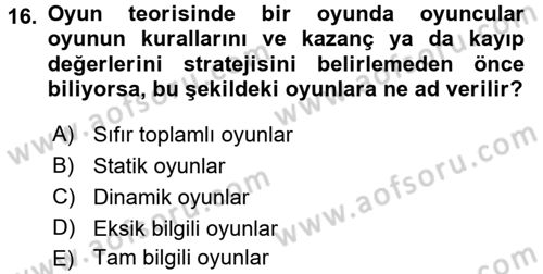 Sanayi Ekonomisi Dersi 2016 - 2017 Yılı 3 Ders Sınav Soruları 16. Soru