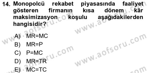 Sanayi Ekonomisi Dersi 2016 - 2017 Yılı (Vize) Ara Sınav Soruları 14. Soru