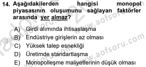 Sanayi Ekonomisi Dersi 2017 - 2018 Yılı (Vize) Ara Sınav Soruları 14. Soru