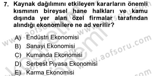 Sanayi Ekonomisi Dersi 2017 - 2018 Yılı (Vize) Ara Sınav Soruları 7. Soru