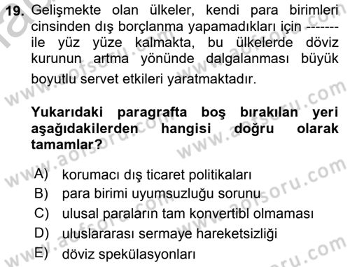 Uluslararası İktisat Politikası Dersi 2018 - 2019 Yılı Yaz Okulu Sınav Soruları 19. Soru