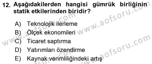 Uluslararası İktisat Politikası Dersi 2021 - 2022 Yılı (Vize) Ara Sınav Soruları 12. Soru