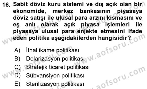 Uluslararası İktisat Politikası Dersi 2021 - 2022 Yılı (Final) Dönem Sonu Sınav Soruları 16. Soru