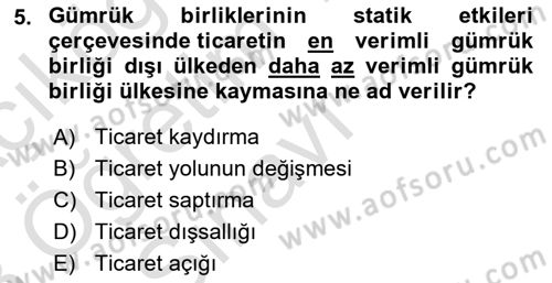 Uluslararası İktisat Politikası Dersi 2022 - 2023 Yılı Yaz Okulu Sınav Soruları 5. Soru