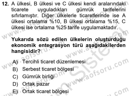 Uluslararası İktisat Politikası Dersi 2024 - 2025 Yılı (Vize) Ara Sınav Soruları 12. Soru