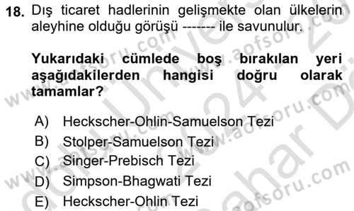 Uluslararası İktisat Politikası Dersi 2024 - 2025 Yılı (Vize) Ara Sınav Soruları 18. Soru