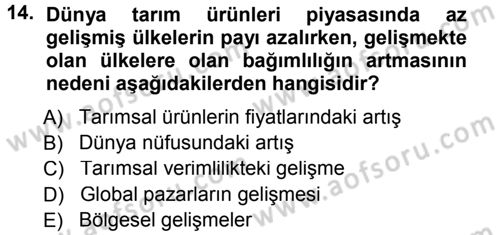 Tarım Ekonomisi ve Tarımsal Politikalar Dersi 2012 - 2013 Yılı (Final) Dönem Sonu Sınav Soruları 14. Soru