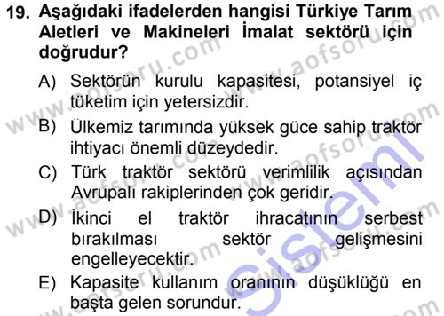 Tarım Ekonomisi ve Tarımsal Politikalar Dersi Ara Sınavı Deneme Sınav Soruları 19. Soru
