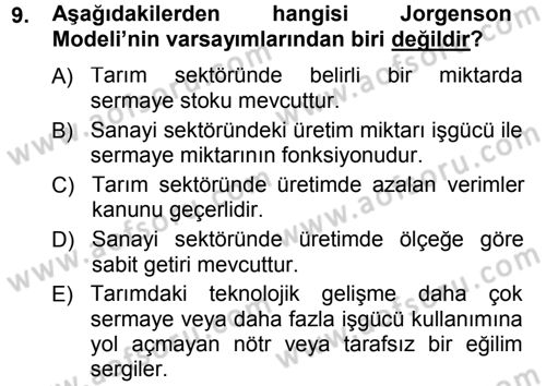 Tarım Ekonomisi ve Tarımsal Politikalar Dersi Ara Sınavı Deneme Sınav Soruları 9. Soru