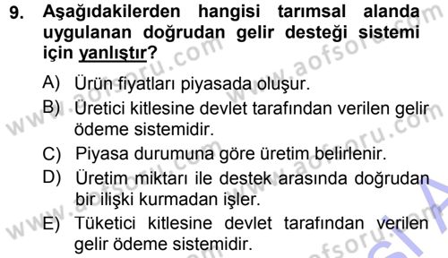 Tarım Ekonomisi ve Tarımsal Politikalar Dersi 2013 - 2014 Yılı (Final) Dönem Sonu Sınav Soruları 9. Soru