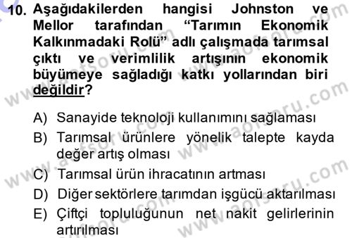 Tarım Ekonomisi ve Tarımsal Politikalar Dersi Ara Sınavı Deneme Sınav Soruları 10. Soru