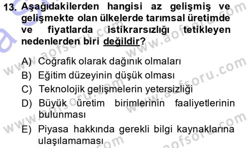 Tarım Ekonomisi ve Tarımsal Politikalar Dersi Ara Sınavı Deneme Sınav Soruları 13. Soru