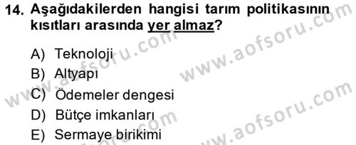 Tarım Ekonomisi ve Tarımsal Politikalar Dersi Ara Sınavı Deneme Sınav Soruları 14. Soru