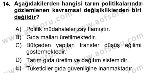Tarım Ekonomisi ve Tarımsal Politikalar Dersi 2015 - 2016 Yılı (Vize) Ara Sınav Soruları 14. Soru