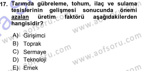 Tarım Ekonomisi ve Tarımsal Politikalar Dersi Ara Sınavı Deneme Sınav Soruları 17. Soru