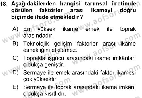 Tarım Ekonomisi ve Tarımsal Politikalar Dersi Ara Sınavı Deneme Sınav Soruları 18. Soru
