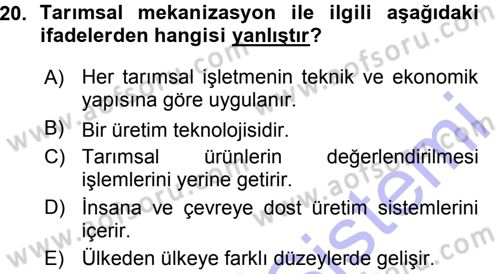 Tarım Ekonomisi ve Tarımsal Politikalar Dersi Ara Sınavı Deneme Sınav Soruları 20. Soru